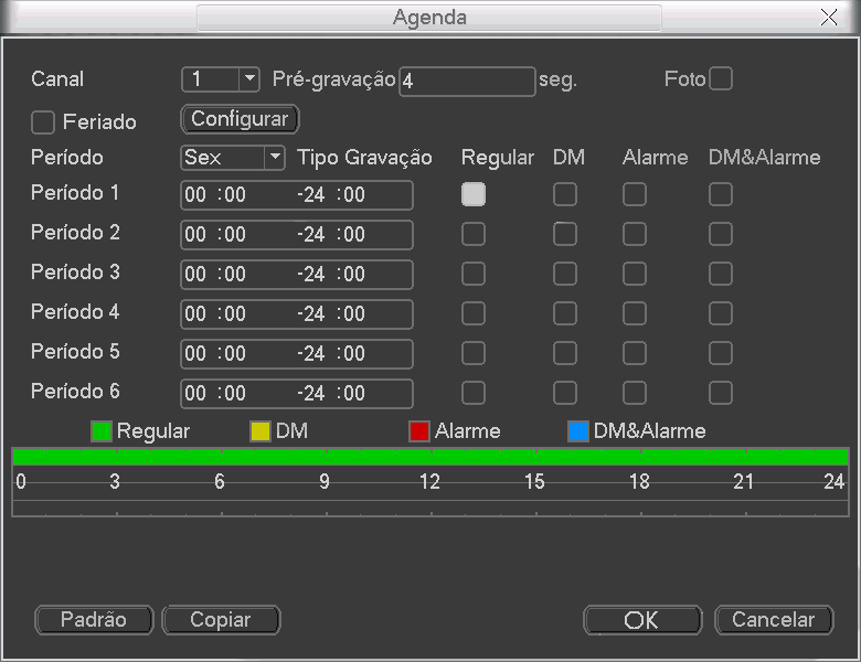 Arquivos editados Exibe os arquivos editados na interface local e salvos no HD do DVR. 6.6. Configuração da gravação (agenda) Agenda Para acessar o menu Agenda, acesse Menu Principal>Ajustes>Agenda.