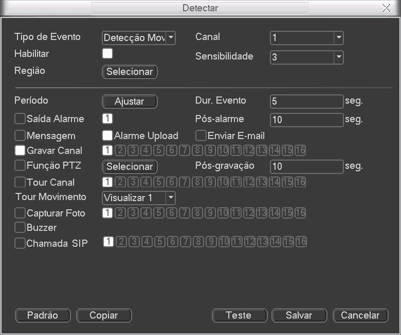 6.7. Detectar No Menu Principal acesse Ajustes>Detectar, para visualizar a interface de detecção de movimento, perda de vídeo e mascaramento. Veja a figura a seguir.