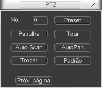 Na tela exibida conforme a figura PTZ, clique no botão Próx. página. A interface será exibida conforme a figura Acionamento.