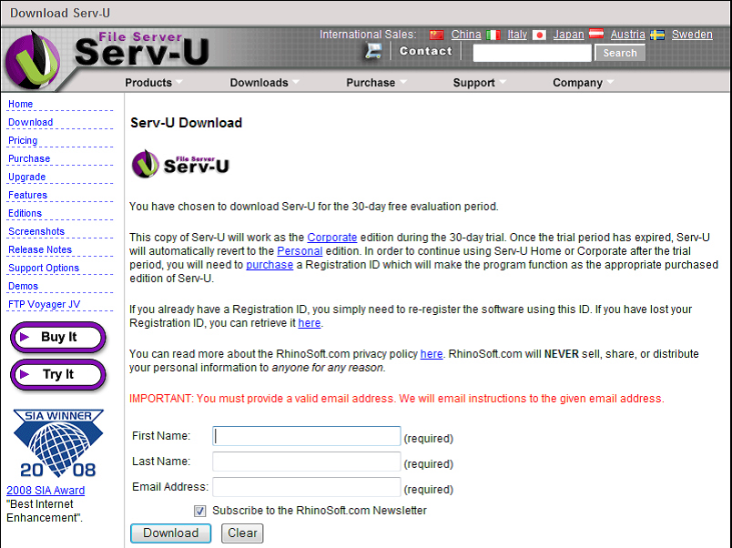 Preencha os campos apresentados na figura Download Serv-U conforme descrito a seguir.