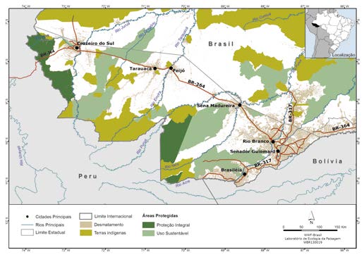 O DESMATAMENTO NO ACRE Figura 1 Desmatamento e Áreas Protegidas no Estado do Acre em 2010. (Fontes: www.mma.gov.br para áreas protegidas; www.inpe.br para desmatamento; www.ibge.gov.br para estradas; e www.