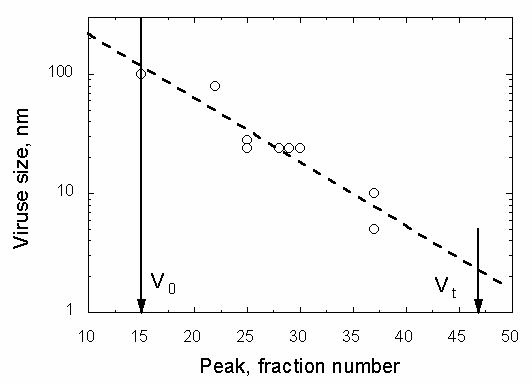 Introução Figura 1.1.3. Gráfico o tamanho e vírus versus posição o pico e retenção, numa coluna com 3 ml e espaços vazios, [3].