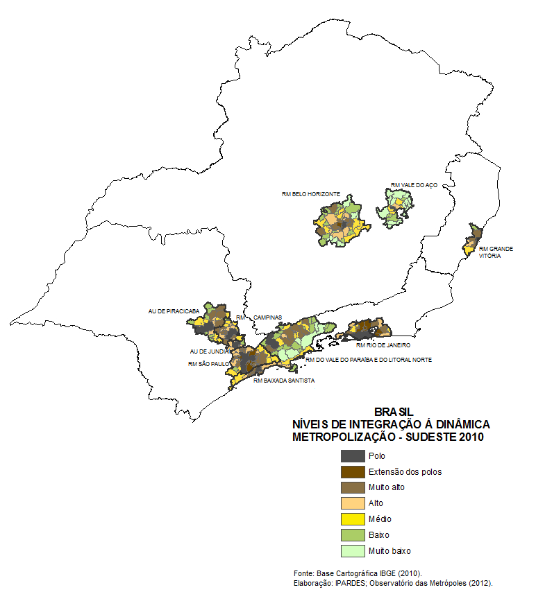 Mapa 1 Níveis de integração na Região Sudeste Na Região Sul, há 17 unidades institucionalizadas, boa parte delas no Estado de Santa Catarina, mas entre estas, apenas 2 têm natureza metropolitana,