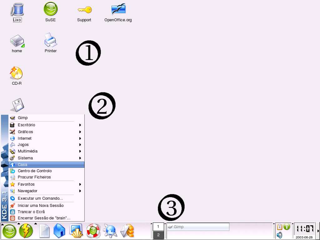 Introdução ao Linux Augusto C. Campos 8 A imagem acima mostra uma visão geral do ambiente default do KDE no SuSE Linux 8.2.