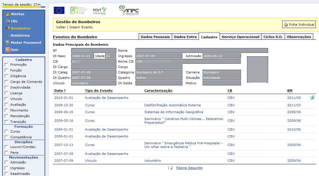 Para inserção de eventos num cadastro colocar o rato por cima de Inserir Evento conforme imagem seguinte. Os eventos disponíveis são os seguintes: I.