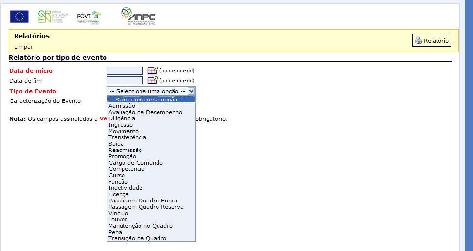 Para produzir um relatório de eventos: 1 Inserir a "Data de Inicio" e a "Data de Fim" do evento que pretendemos pesquisar.