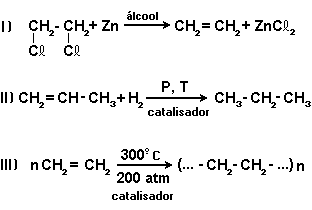 34 (UFPE-PE) Considere as seguintes reações orgânicas: (A) HCCCH 3 + H 2 H 2CCHCH 3 (B) CH 3CH 2Cl + OH CH 2=CH 2 + Cl + H 2O (C) CH 3COOCH 2CH 3 + H 2O CH 3COOH + CH 3CH 2OH (D) C 6H 6 + HNO 3 C 6H