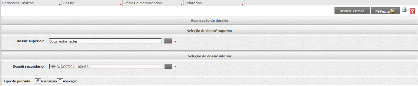 Após a seleção dos dois documentos, basta clicar em Realizar Juntada.