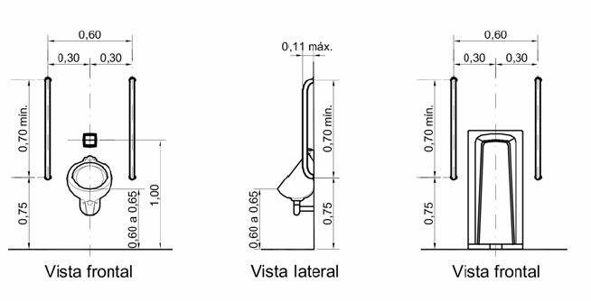superfície antiderrapante impermeável, preferencialmente do tipo articulado para cima; Barras do tipo vertical e em formato de L, seguindo as alturas e dimensões indicadas; Torneiras do tipo