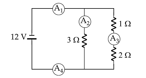 b) A 1 e A 4 registram correntes de mesma intensidade. c) a corrente em A 1 é mais intensa do que a corrente em A 4. d) a corrente em A 2 é mais intensa do que a corrente em A 3.