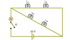 86- O circuito da figura 1 mostra uma bateria ideal que mantém uma diferença de potencial de 12 V entre seus terminais, um amperímetro também ideal e duas lâmpadas acesas de resistências R 1 e R 2.