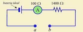 Quando os terminais a e b são conectados por um fio de resistência desprezível, fechando o circuito, se estabelece no amperímetro uma corrente de 1,00mA.