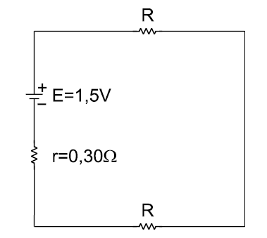 35-Um circuito é montado com dois resistores, um de resistência R e outro de resistência 2R, e um gerador de fem ε = 1,5 V e resistência interna r = 0,30 Ω.