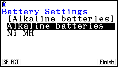 Se você estiver usando as baterias que vêm com a calculadora, selecione Alkaline batteries.