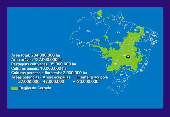 32 Figura 2: A região do cerrado brasileiro Fonte: EMBRAPA (2003) O bioma cerrados se caracteriza, também, por suas diferentes paisagens, que vão desde o cerradão (árvores altas, densidade maior e