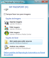 a. Para Windows Vista ou Windows 7 com AutoRun (Reprodução Automática) habilitada: Clique em Abrir pasta para exibir arquivos na tela Reprodução Automática e clique duas vezes no arquivo WD SmartWare.