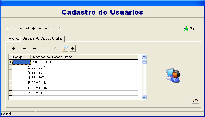 permissões e a senha de login, e na aba unidades/órgãos do usuário é informado a qual unidades/órgãos o usuário terá acesso para acessar os processos, conforme imagens 13 e 14 a