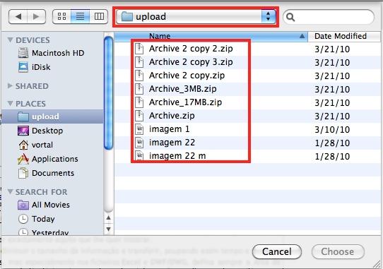 Depois de estar na directoria upload, pode seleccionar os ficheiros que tenha criado, movido ou