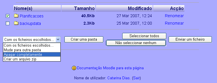 Figura 10 Página ficheiros 6) Adicionar Recursos (apagar, mover): Os Recursos correspondem aos materiais da disciplina e podem ser ficheiros de diferentes formatos, links para páginas web,