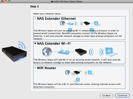 Para além da instalação básica: Assistente de configuração Manual do Utilizador página 72 4. Seleccione activar o Wi-Fi. Clique em Continue. (Fig. 107) 5. Seleccione NAS Extender Wi-Fi.