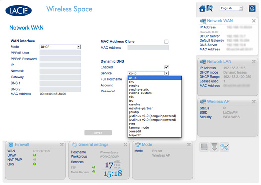 Administrar o LaCie Wireless Space: Para além do básico Manual do Utilizador página 91 DNS Dinâmico Se conseguir gerir o Wireless Space quando estiver longe da rede ao activar o DNS dinâmico (Fig.