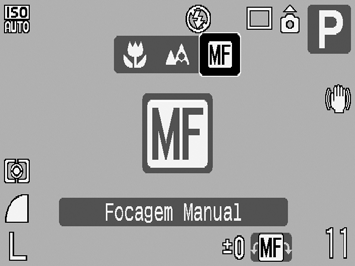 108 Disparar no Modo de Focagem Manual Pode definir a focagem manualmente. 1 Carregue no botão MF. 1. Utilize o botão ou para seleccionar. e o Indicador MF aparecem.