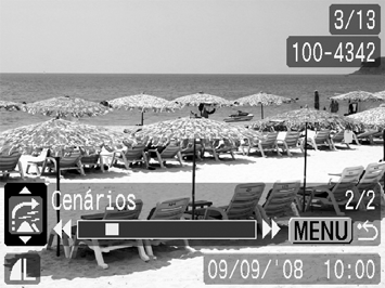 130 3 Visualize as Imagens. 1. Carregue no botão ou. Se carregar no botão MENU cancela a definição. Carregue no botão FUNC./SET para visualizar o painel de controlo do filme(p.