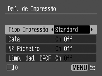 As definições de Data e Nº Ficheiro variam de acordo com o tipo de impressão, como se mostra a seguir. - [Índice]: Não pode definir [Data] e [Nº Ficheiro] para [On] ao mesmo tempo.