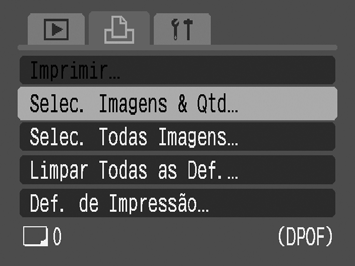 150 Imagens individuais Quando [Tipo Impressão] (p. 148) é definido como [Standard] ou [Ambas], é possível definir o número de cópias. 1 Seleccione [Selec. Imagens & Qtd]. 1. Carregue no botão. 2.