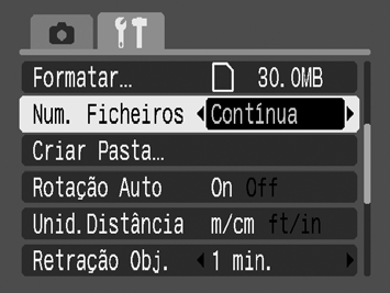 157 Repor a Numeração dos Ficheiros A câmara atribui automaticamente números aos ficheiros de imagem. Pode seleccionar a forma como é atribuído o número ao ficheiro. Contínua Reinic.