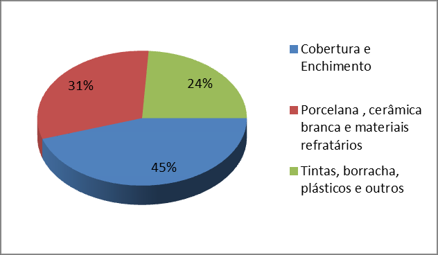 (MÁRTIRES, 2009, pg. 479). As maiores empresas no setor de Caulim no Brasil são: Imerys, CADAM e PPSA, cujos produtos são direcionados em 15 % para o mercado Brasileiro e 85% para exportação.