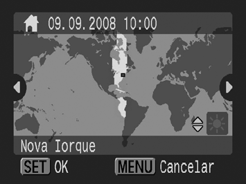 213 3 Seleccione uma área como país. 1. Utilize o botão ou para seleccionar o fuso horário local. 2. Carregue no botão.