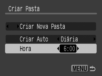 219 Definir o Dia ou a Hora para a Criação Automática de Pastas 1 Seleccione [Criar Pasta]. 1. Carregue no botão MENU. 2. Utilize o botão ou para seleccionar o menu. 3.