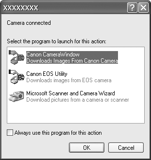 30 Transferir Imagens para um Computador Guia de Iniciação 4. Abrir o CameraWindow. Windows Seleccione [Canon CameraWindow] e clique em [OK].