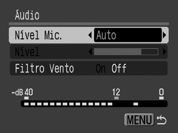 Utilize o botão ou para seleccionar [Áudio]. 4. Carregue no botão. 2 Defina o nível do microfone. 1. Utilize o botão ou para seleccionar [Nível Mic.]. 2. Utilize o botão ou para seleccionar [Auto] ou [Manual].