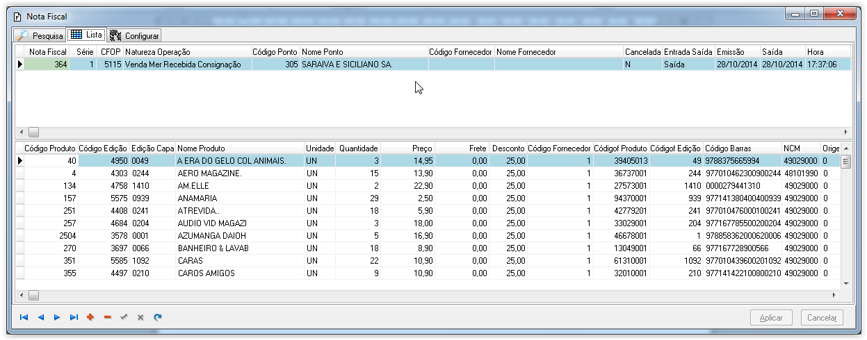 Clique na aba Lista, e termos a tela a seguir. Teremos neste momento a nota fiscal gerada a partir das informações selecionadas anteriormente.