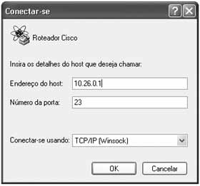 O mesmo HyperTerminal do Windows, em suas versões mais recentes, fornece a possibilidade de conexão por meio de TCP/IP (winsock), conforme exibido na figura 1.6. Figura 1.