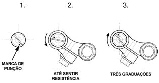 Gire o eixo do balanceiro no sentido anti horário até sentir resistência e retorne três graduações. Utilize a marca de punção como referência.