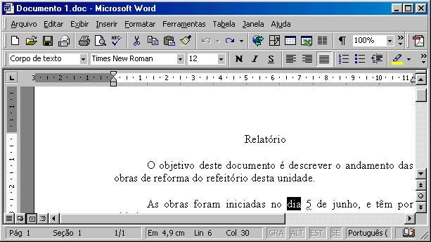 46 INFORMÁTICA PARA CONCURSOS PÚBLICOS 34) (TJPE 2001) Com base na figura acima e no programa Word 2000, julgue os itens a seguir: I- Considerando que parte da página 1 do documento está sendo