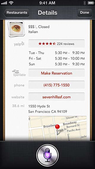 Restaurantes O Siri funciona com o Yelp, OpenTable e outros para oferecer informações sobre restaurantes e lhe ajudar a fazer reservas.