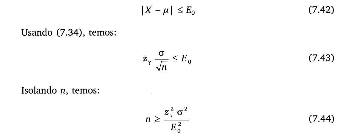 Portanto, precisamos de n = 64 corpos de prova para satisfazer a precisão desejada. O Quadro 7.1 apresenta o formulário para o cálculo do tamanho da amostra, em função do parâmetro desejado.