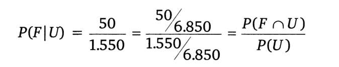Então: Note que, se o numerador e o denominador de P(F\U) forem divididos pelo número total de unidades, temos: que é a relação usada na definição formal de probabilidade condicional.