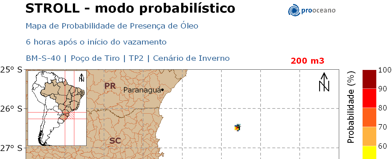 29/69 Figura -14 - Mapa de Probabilidade de presença de óleo, para vazamento de 200 m 3, no cenário de inverno. Simulação de 6 horas.