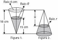 (Cesgranrio) Um recipiente cônico, com altura e raio da base, contém água até a metade de sua altura (Fig. I). Inverte-se a posição do recipiente, como mostra a Fig. II.