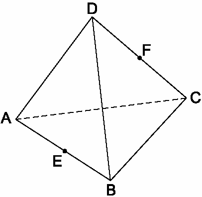 57) (Fuvest-00) Na figura abaixo, ABCD é um tetraedro regular de lado a. Sejam E e F os pontos médios de AB e CD, respectivamente.