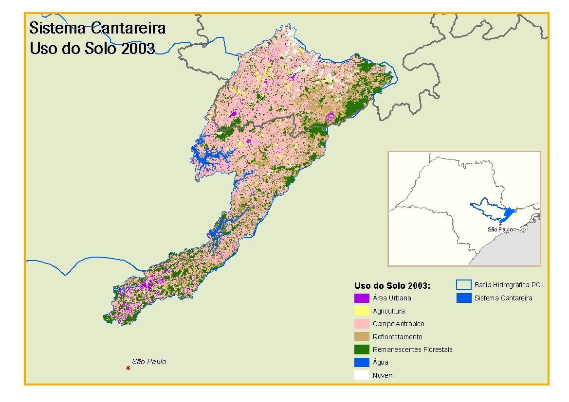 Figura 1: Mapa de uso de solo do Sistema Cantareira Fonte: Whately & Cunha (2007) O Sistema Cantareira possui uma área de aproximadamente 228 mil hectares, sendo que deste total, aproximadamente 52