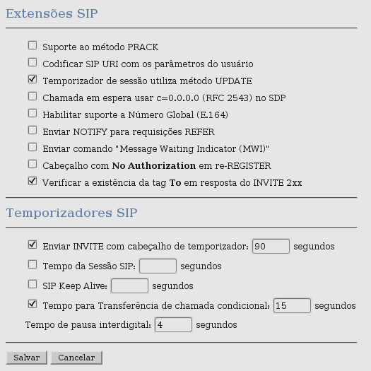 5 SIP Extensões SIP Permite configurar parâmetros adicionais referentes ao protocolo SIP.