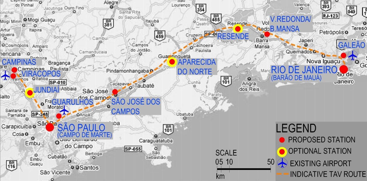 HST Rio de Janeiro - São Paulo Total distance between Rio de Janeiro and Campinas is 510km 8 stations including Guarulhos, Galeão and Viracopos Airports; 3 optional stations at