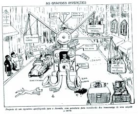 40 Cadernos da Comunicação fas cotidianas. Um exemploéa Autobarbimotofigarômetro, charge estampada em O Malho, que nada mais é do que um barbeador.
