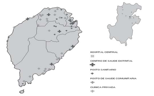 Mapa 1: Distribuição de unidades de saúde por distrito sanitário, 2007 Fonte: MINSAU, Cartografia sanitária, 2007.